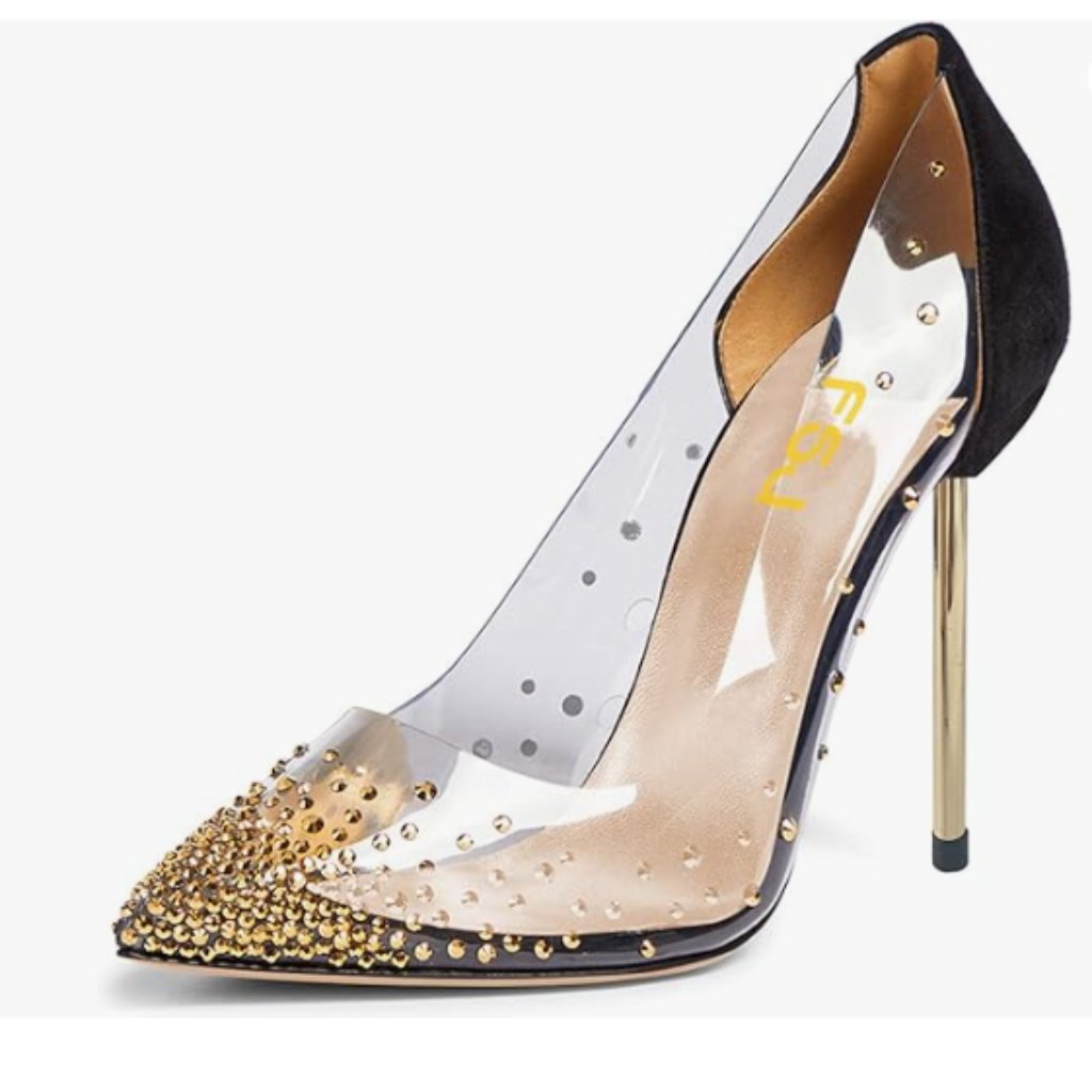 Fsj Gold Women Studded Pointed Toe Transparent Pumps High Heels Shoes